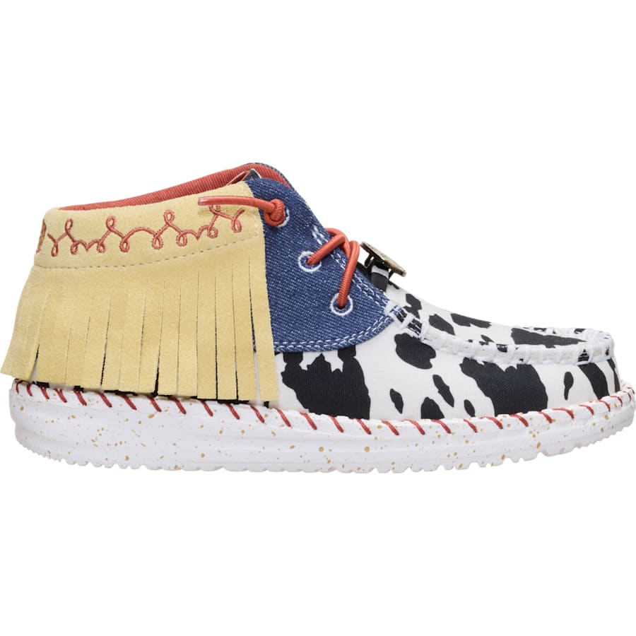 HEYDUDE - CA Girls Boots | Disney X HEYDUDE Jessie Wendy Mid Fringe Youth - White/Faded Denim | Size 4 - $104.99 at Heydude